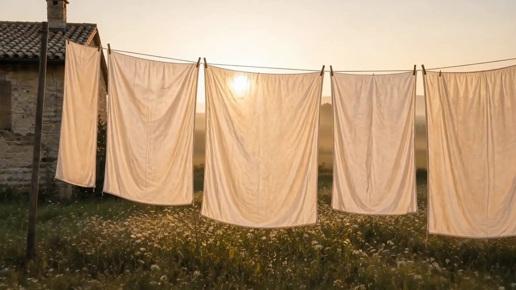 Lenzuola bianche stese su un filo in mezzo al campo, controluce, il sole basso dietro.