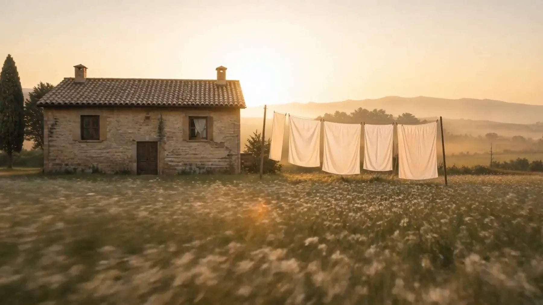 Una casa di pietra in fondo a un campo di margherite all'alba, con il bucato steso accanto e le colline nella foschia.