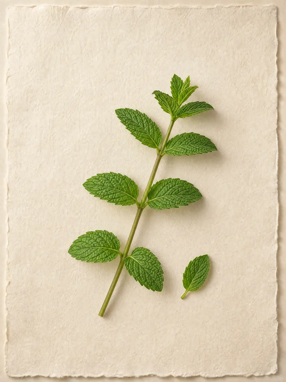 Un rametto di menta fresca posato su un foglio di carta a mano color crema.