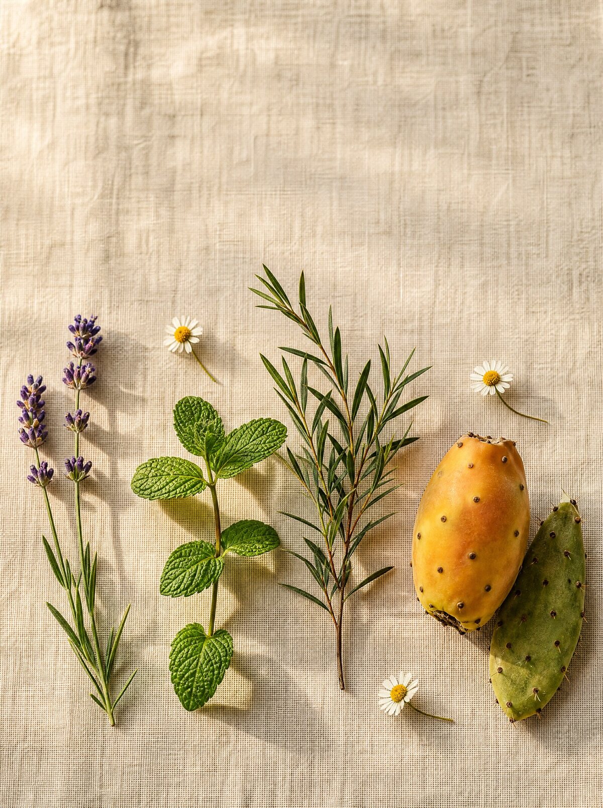 Lavanda, menta, tea tree e fico d'India disposti su un telo di lino, con alcune margherite.