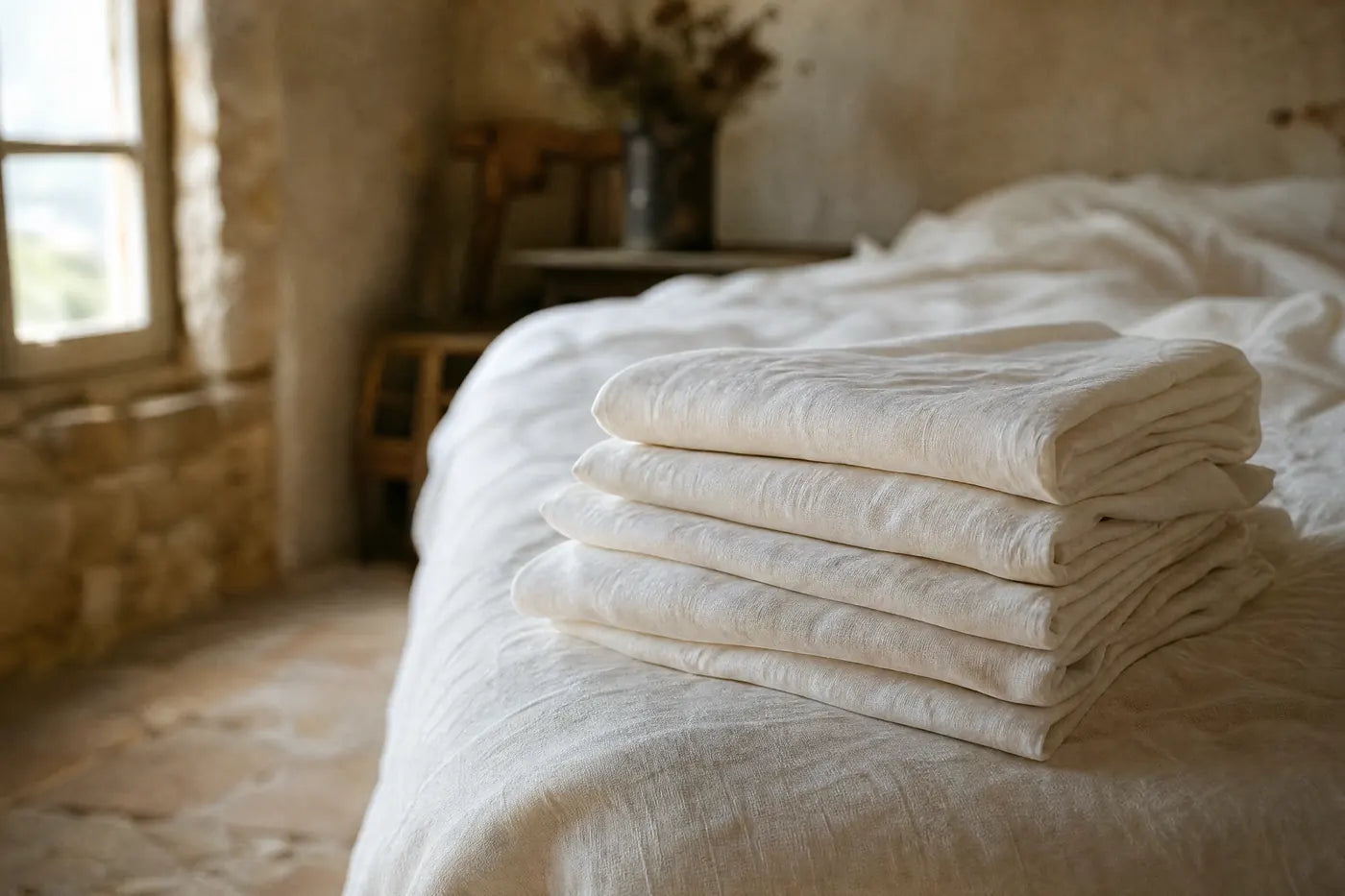 Una pila di lenzuola di lino bianche appena piegate sull'angolo di un letto, nella luce del mattino.