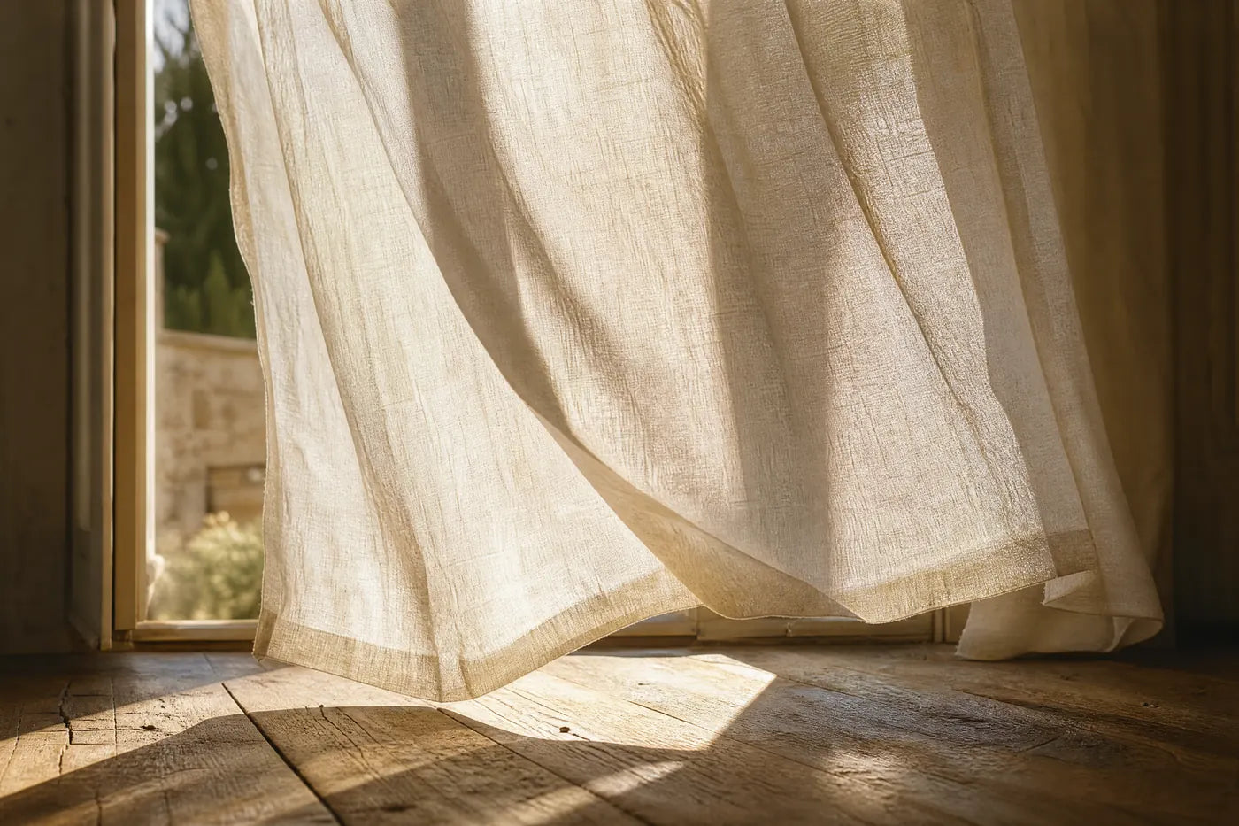Una tenda di lino bianca sollevata dall'aria davanti a una finestra, la luce del mattino che la attraversa.
